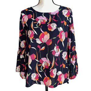 ANTHRO W5 Navy Pink Orange Floral Top Blouse Bell Sleeves XL